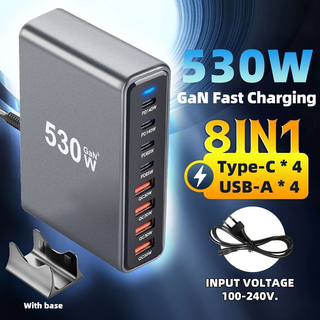 1pc EU desktop charging block 530w 8-port in one Compatible with Macbook Pro M4 MAX140W fast charging Small and portable, suitable for travel, home or office use, support for mobile phones, watches, computers and headphones C