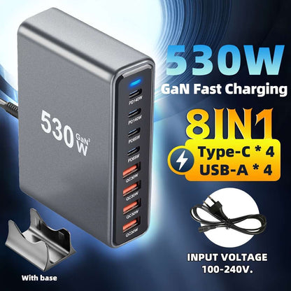 1pc EU desktop charging block 530w 8-port in one Compatible with Macbook Pro M4 MAX140W fast charging Small and portable, suitable for travel, home or office use, support for mobile phones, watches, computers and headphones C