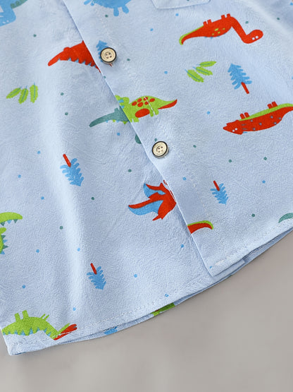 2pcs Baby Boys Dinosaur Print Button Short Sleeve Shirt Top &amp; Elastic Waist Shorts Set Toddler Summer Clothes For Daily &amp; Outdoor Wear