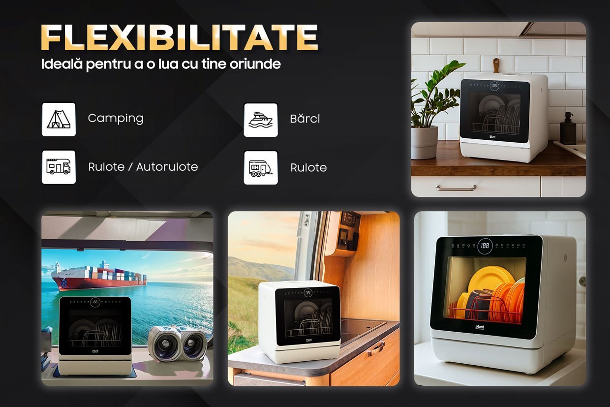 Compact Ihunt Bro Dishwasher Xpert, Turbo Clean, 950W, Drain Pump, Digital Control, Class B, 6 Programs, Heating / Drying, Water Supply Tap / Manual, 5L Water Reserve, 45Cm, White