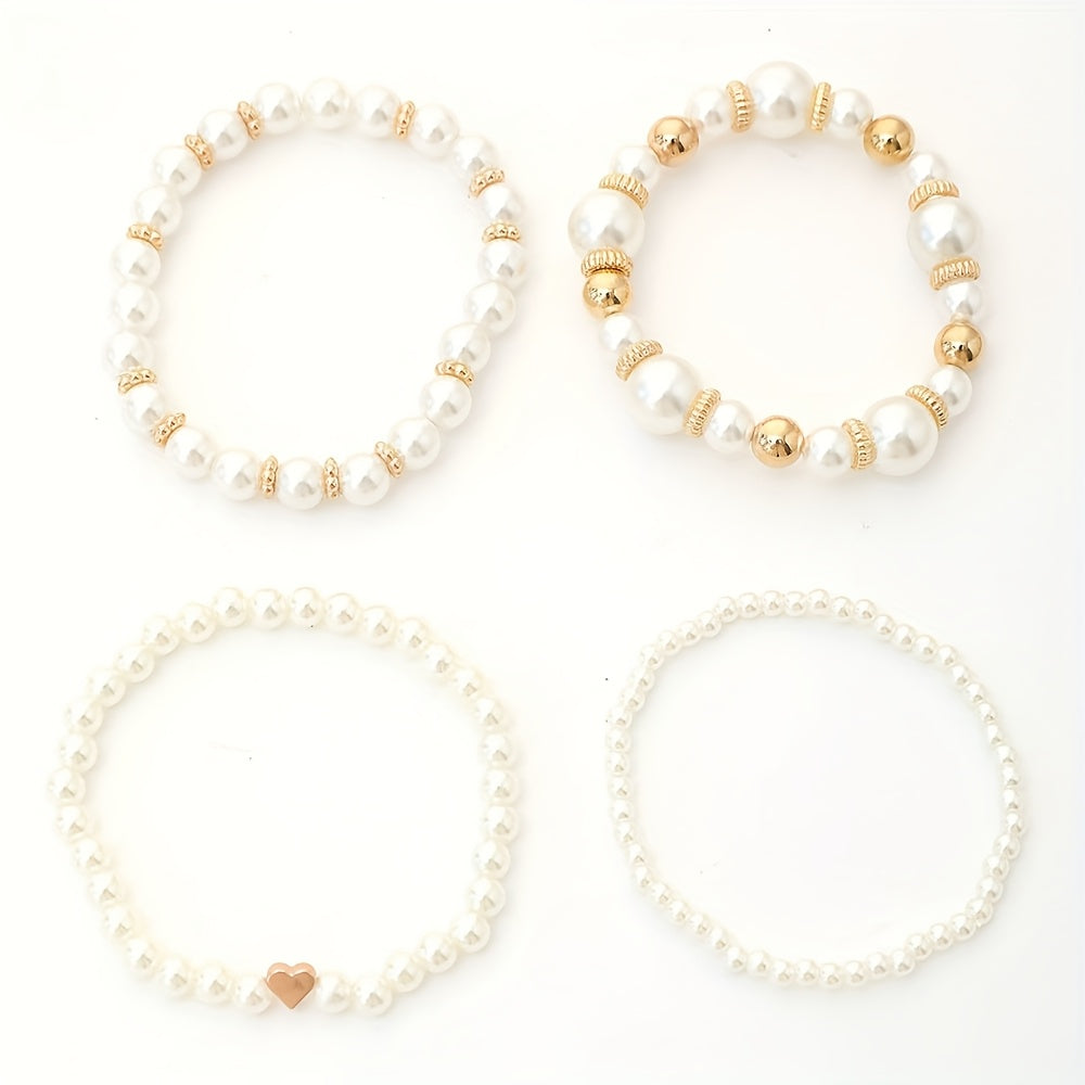 4pcs Set Real-Looking Faux Imitation Pearl Bracelet & Necklace-like Bead Set (No Coating) - White & Imitation Pearl with Golden-Tone Caps, Matching Large Beads - Wedding, Party, Daily Wear - Luxury Year-Round Collection for W