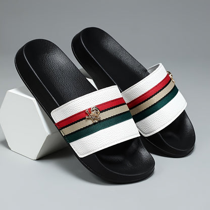 EKBN Men's Slip-Resistant Arch Support Mules - All-Season EVA Slip-On Slippers with Golden Buckle Strap &amp; Black/Red/Green Striped Design, Cushioned Insole for Indoor/Outdoor House Shoes, Casual &amp; Formal Wear - Comfortable &amp; D