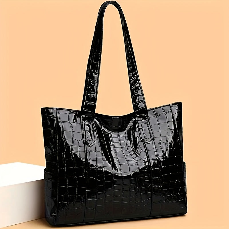 Stylish White Crocodile-Textured Tote Bag with Golden-Tone Hardware - Large Capacity, Durable, Perfect for Commuting, Shopping, and Travel, Travel Tote Bag | Elegant Tote Bag | Durable Tote