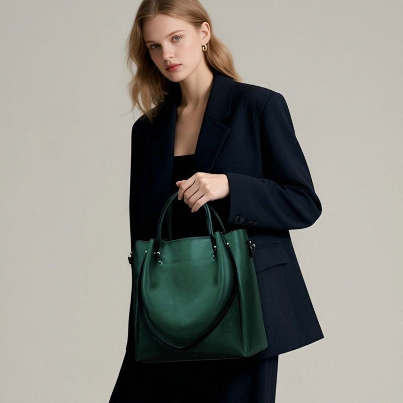 Women'S Genuine Leather Tote & Crossbody - Elegant Minimalist Hand with Golden-Tone Hardware, Zipper Closure, Golden-Tone Hardware &, Sturdy Base For Everyday & Formal Use, Versatile Accessory, Sleek Design, Durable Construct