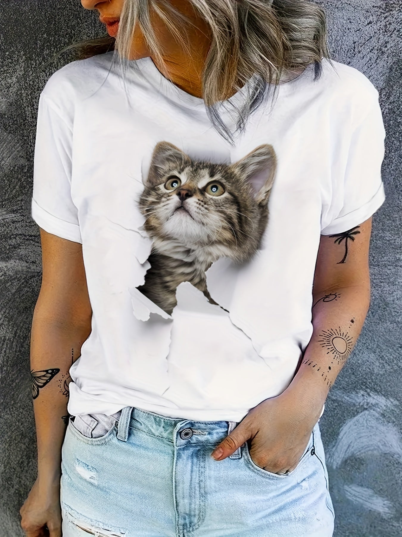 Cute Cat Print T-shirt, Crew Neck Short Sleeve T-shirt, Casual Everyday Tops, Women's Clothing