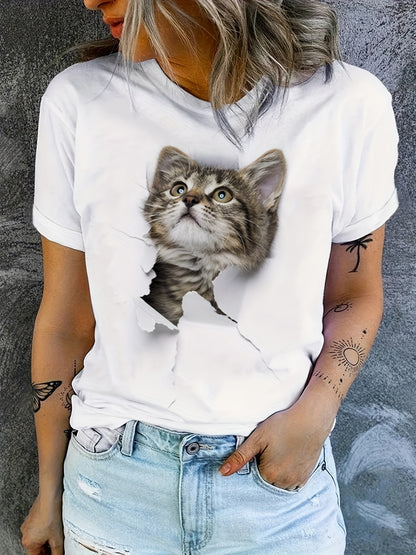 Cute Cat Print T-shirt, Crew Neck Short Sleeve T-shirt, Casual Everyday Tops, Women's Clothing