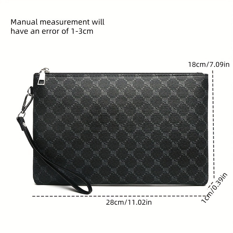 Men'S Stylish Black Synthetic Clutch Bag with Hexagonal Pattern & Card Slots - Perfect for Keys, Phone, Tablet, and Cards - Durable Zipper Closure for Everyday Use
