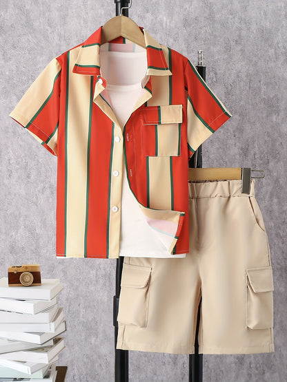 2pcs Boys Teen Casual Striped Short Sleeve Shirt &amp; Pocket Side Shorts Set Clothes For Summer
