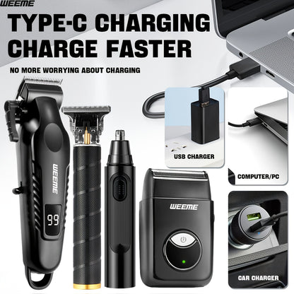 WEEME 4pcs Men's facial grooming set, household electric hair clipper set USB fast-charging electric hair clipper + T-trimmer + razor + nose hair clipper Haircutting, shaving, nose hair t* Car travel home Father's Day/Birthda
