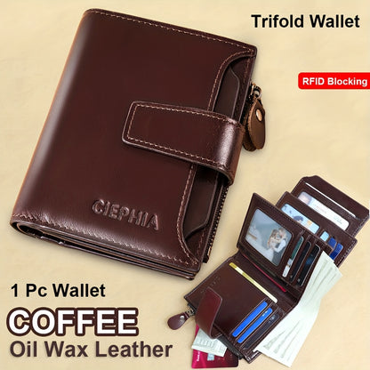 1pc CIEPHIA Men's Genuine Leather Wallet - RFID Blocking -Theft, Vintage Brown (Dark tan/, with Zipper Closure, 17-Card Holder, Coin Pocket, ID Window, Multi-Compartment - Heavy-Duty Full-Feature Wallet for Men, Ideal Gift fo