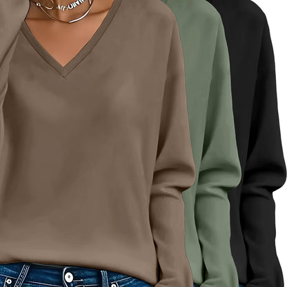 3pcs Women'S 100% V-Neck Long Sleeve T-Shirts - Soft, Durable, and Comfortable Casual Wear for All Seasons, Perfect for Holidays, Graduations, and Everyday Style, Everyday Comfort Wear | Minimalist Style | Soft Fabric Tee
