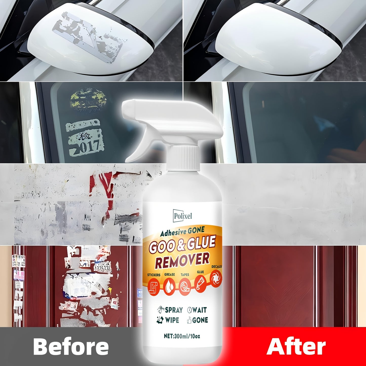 Glue Adhesive Remover, Sticker Residue Removal Spray Easily Takes Off Tape, Labels, Rubber and Film Residue from Glass & Plastic with Scraper & Towel, Wave Goodbye to Sticky Situations - 300ml/10oz
