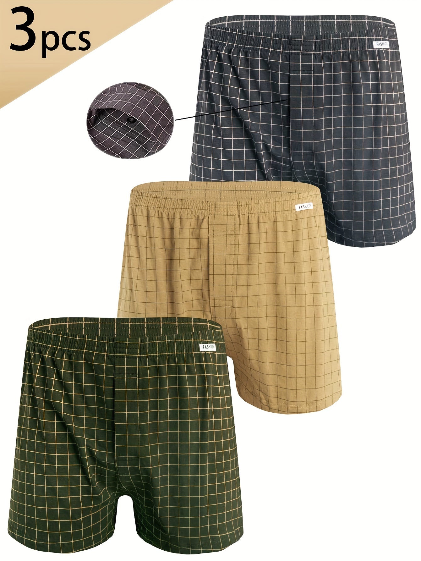 3pcs Men'S Loose Fit Plaid Boxer Briefs - 95% Mid-Rise Athletic Shorts with Elastic Waistband, Breathable &amp; Comfortable for Casual Attire, Black/White/Beige/White/Gray/Beige, Everyday Comfort Shorts | Relaxed Fit Shorts | Med