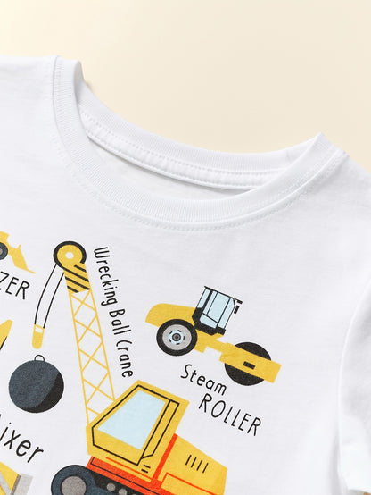 Boys' Cotton Short Sleeve T-Shirt with Cartoon Excavator Print, Breathable Summer Trend