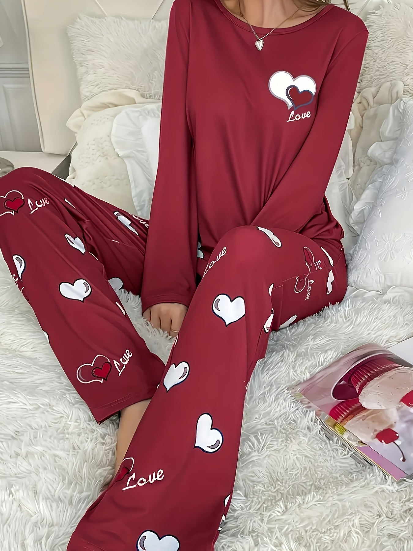 Plus Size Casual Heart Print Round Neck Long Sleeve Pantsuit