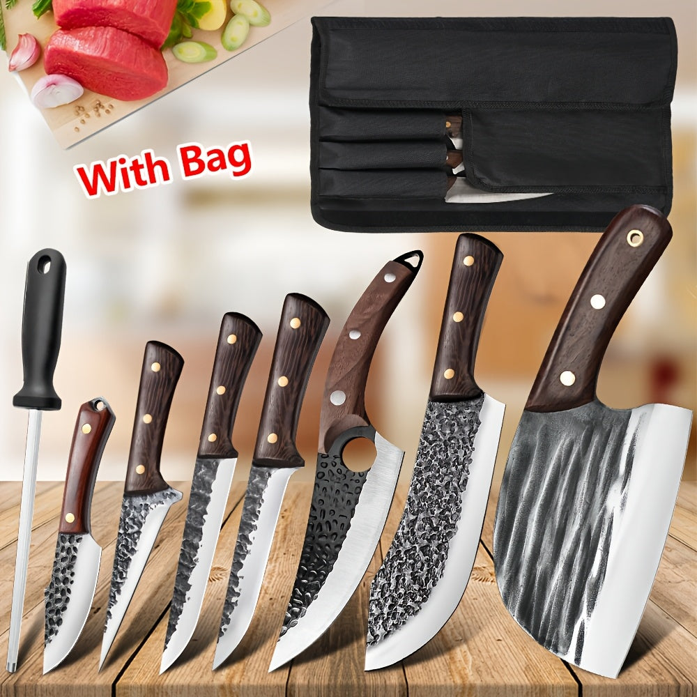 8pcs Japanese Knife Set 5Cr15 Stainless Steel Complete Kitchen Knife Set High Quality Chef Knife Butcher Knife Vegetable Cooking Knife Slices with Wooden Handle And Nylon Bag for Women Men Gifts