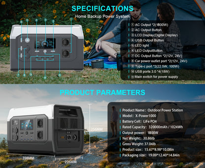 Estação de energia portátil CTOLITY XP1000 de 1800 W com painel solar ETFE de 200 W, bateria LFP de 1024 Wh, gerador solar para campismo, roulottes e viagens.