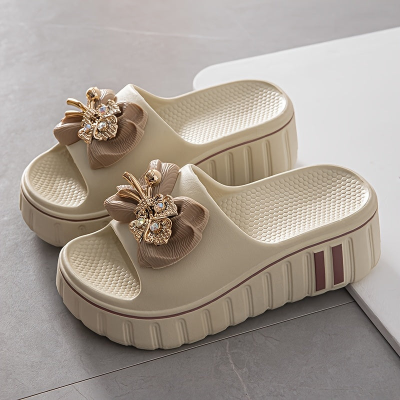 Women'S Elegant Floral Embellished Slide Sandals - Summer 2025 Collection, Non-Slip, Odor-Resistant, Durable Beach Shoes with Thick Cushioned Sole for Indoor/Outdoor Comfort, Indoor Slippers | Floral Embellished Sandals | EVA