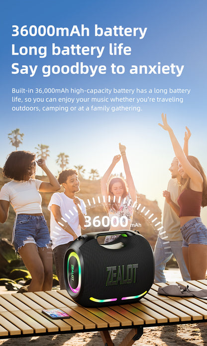 ZEALOT ZE01 120W High-power Wireless Speaker, Outdoor Portable, IPX5, And 4 Speakers, Built-in 24000mAh Battery, With RGB Color Lights, SD, USB, AUX, Internet Dual Pairing Function, Hands-free Calling, Supports Mobile Phones,