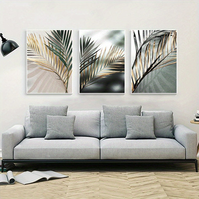 3pcs Nordic Botanical Wall Art - Golden Palm Leaf Plant Canvas Painting - Scandinavian Decor - Home Decor - No Frame