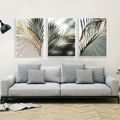 3pcs Nordic Botanical Wall Art - Golden Palm Leaf Plant Canvas Painting - Scandinavian Decor - Home Decor - No Frame