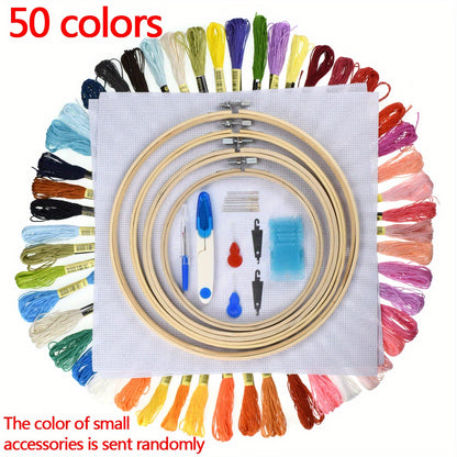1set Embroidery Kit, 50/100 Colors Threads, 5 Pcs Bamboo Embroidery Hoops And Cross Stitch Tools Set, Hand Embroidery Starter Kit For Beginners Adults
