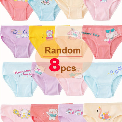 8pcs Random Kids Girls Cartoon Panties, Toddler Cute Briefs, Soft Breathable Children Bikini Underwear