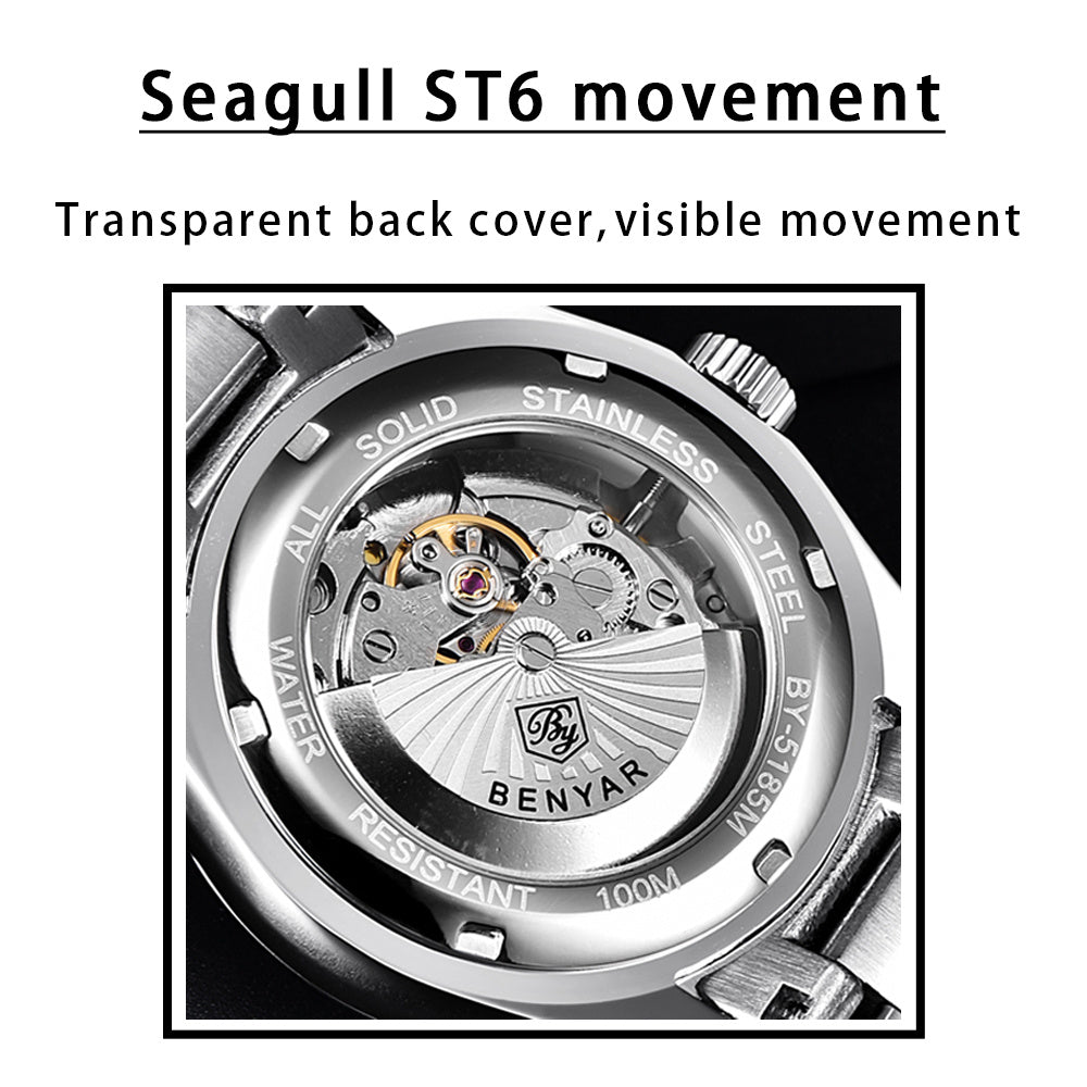 1pc BENYAR Men's Mechanical Wristwatch, 10Bar Waterproof Automatic Watch, Stainless Steel Sports Diving Watch For Men, Ideal choice for Gifts