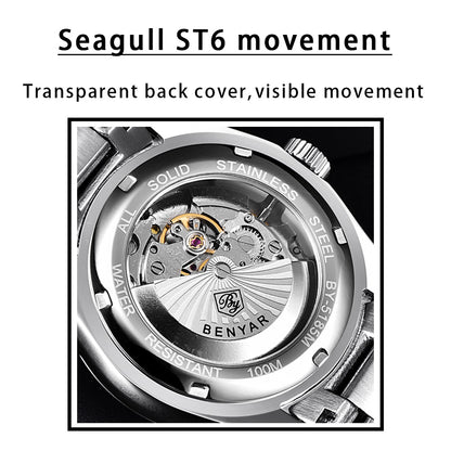 1pc BENYAR Men's Mechanical Wristwatch, 10Bar Waterproof Automatic Watch, Stainless Steel Sports Diving Watch For Men, Ideal choice for Gifts