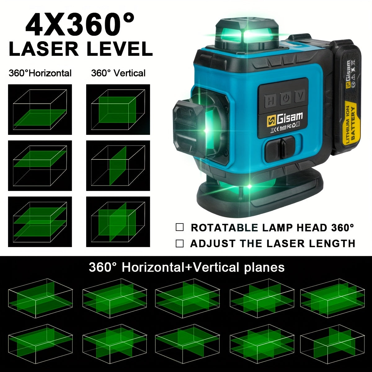 Gisam Multifunctional 16 Lines 4D Green Laser Level with Tripod & App Control, 360° Self-Leveling Horizontal & Vertical Cross Lines, USB & Battery Powered, Includes Carrying Case, Super-Powerful Beam, Portable Design for Ind
