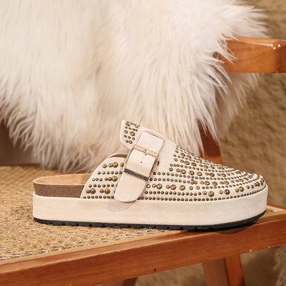 2025 Summer New Rhinestone Vacation Style Casual Slip-On Thick Sole Beach Mules