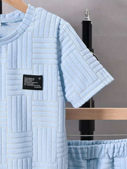 Boys' Fashion Casual Round Neck Short Sleeve T-Shirt + Casual Shorts Two-Piece Set, Perfect for Outdoor