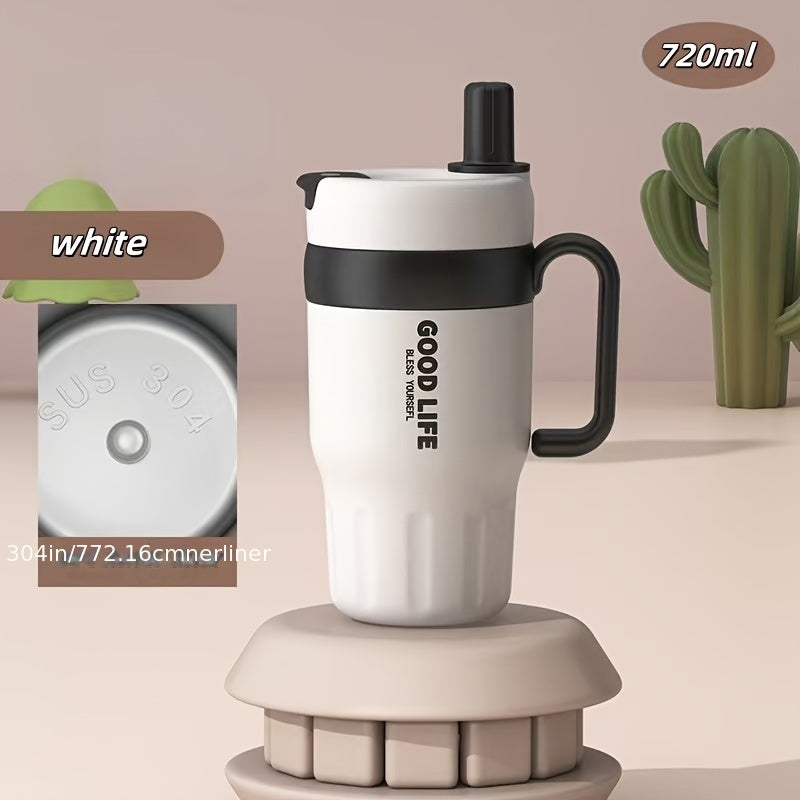 Copo térmico em aço inoxidável 304 com parede dupla e pega, capacidade de 720ml, com palhinha – Caneca desportiva portátil para viagens e atividades ao ar livre, garrafa de água essencial de alta capacidade para carro e atividades ao ar livre.