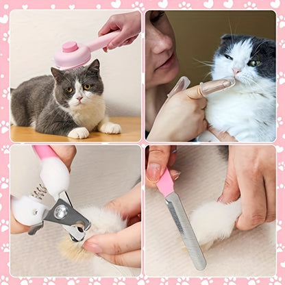 8pcs 5-in-1 Cat Grooming Kit with Self-Cleaning Brush, Nail Clippers, Comb, Shedding Brush, and Toothbrush - Keep Your Feline Friend Clean, Healthy, and Happy