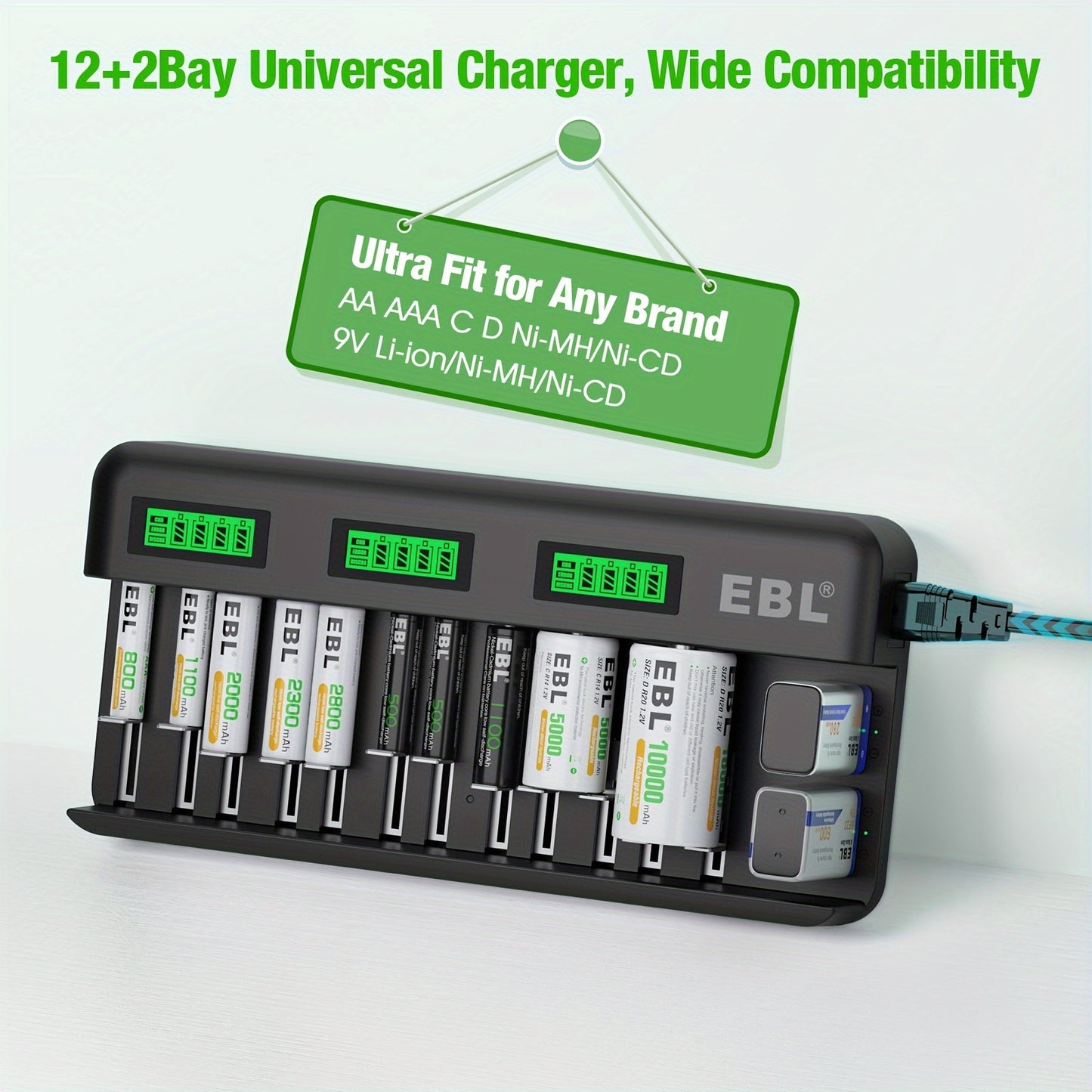 EBL 12+2 Bay LCD Rechargeable Battery Charger for AA AAA CD Ni-MH Rechargeable Batteries and 9V NiMH Ni-CD Rechargeable Batteries