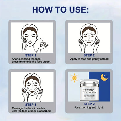 Retinol Collagen Cream, Intensive Moisturizing Firming Face Cream for Sensitive Light Beige, Day and Night Use, Enriched with Vitamins A, B, C, and E, Hyaluronic Acid to Brighten Complexion, Smooth and Radiant Finish, 50ml/1.