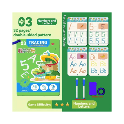 32-Page Magic Writing Practice Book - Reusable Pencil Control Training Workbook with Tracing Letters, Numbers &amp; Shapes, Interactive Whiteboard-Style Pages for, Kindergarten Learning, Activities, Christmas/Halloween Gift, Educ