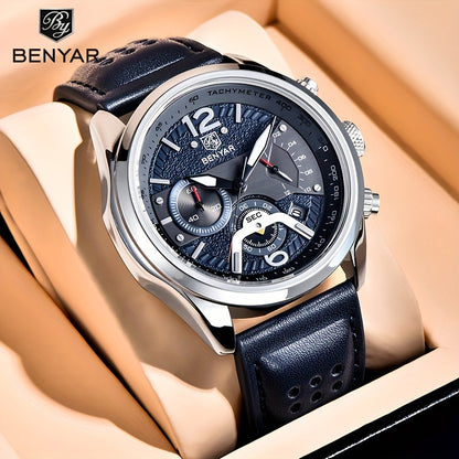BENYAR Men's Quartz Chronograph Watch with Faux Leather Strap, 30m Waterproof, Fashionable Sport and Business Design, Elegant Gift for Men, Multifunctional, Calendar
