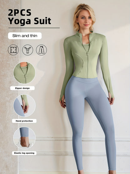 European Code Polyester Fabric Gym Running Clothes Long Sleeve Sports Jacket Cycling and Walking Tightening Buttocks Pants Fitness Suit