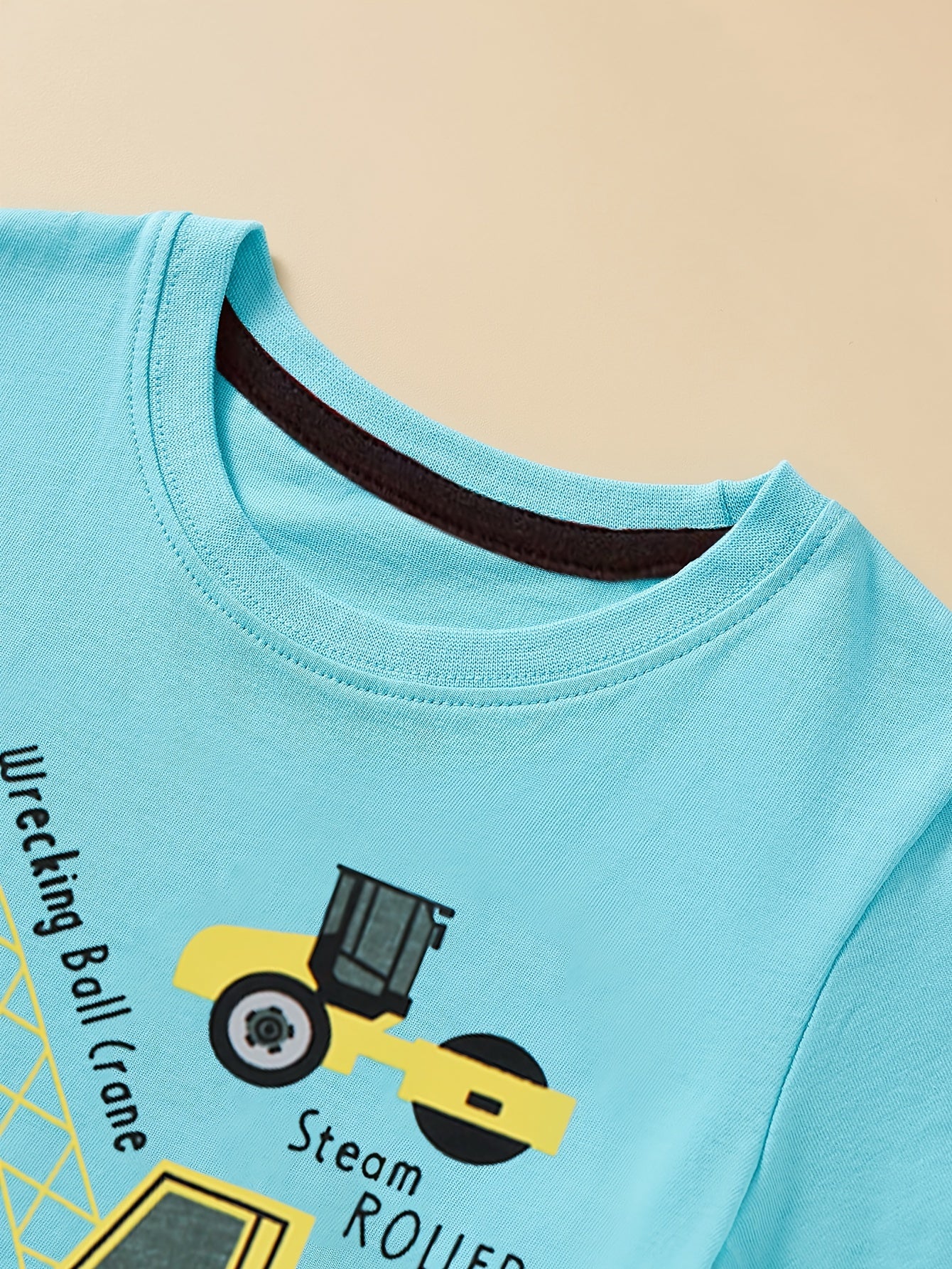 Boys' Cotton Short Sleeve T-Shirt with Cartoon Excavator Print, Breathable Summer Trend
