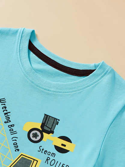 Boys' Cotton Short Sleeve T-Shirt with Cartoon Excavator Print, Breathable Summer Trend