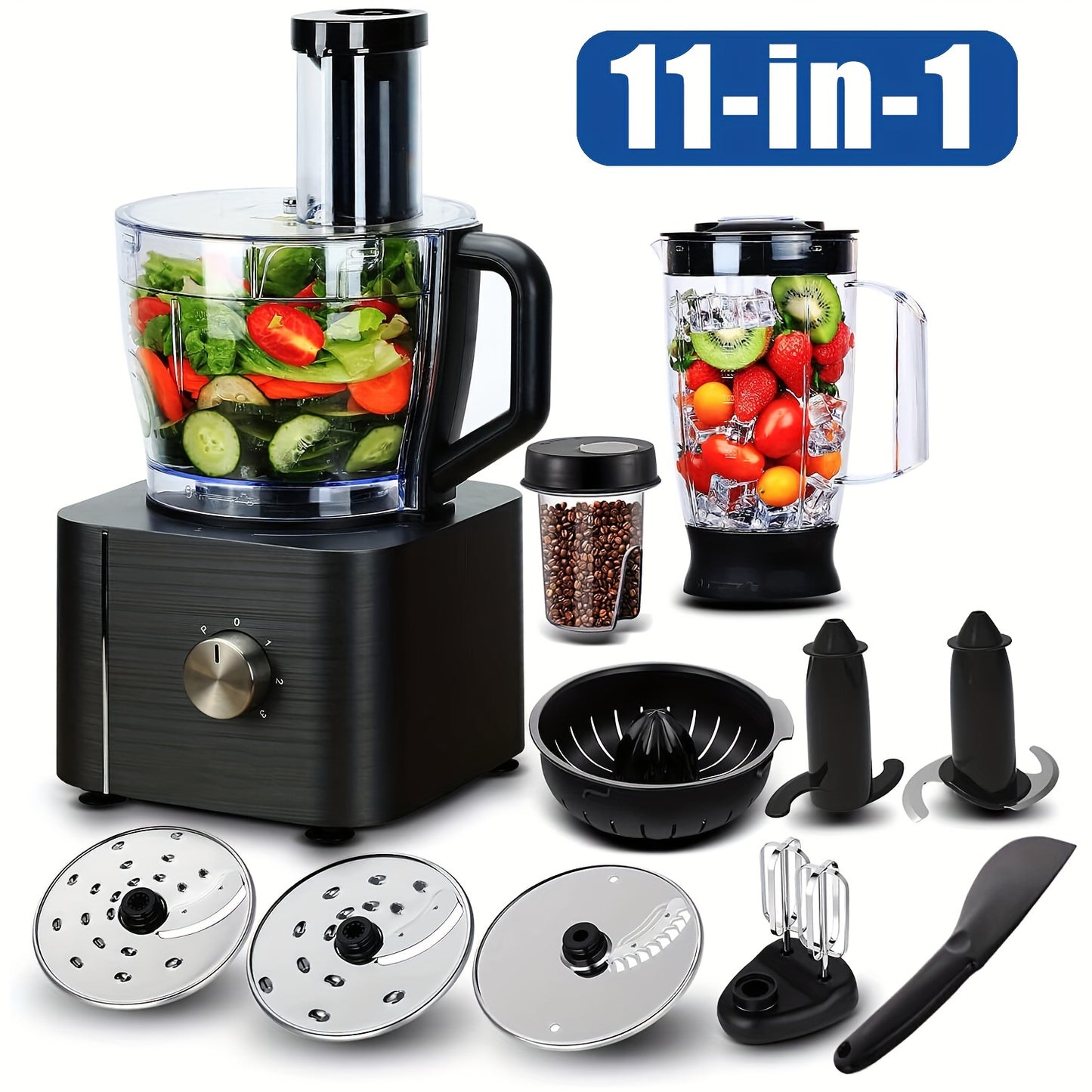 Food Processor 11-in-1 with Chopping Blending Kneading Grinding Whisking Juicing, 1100W, 3 Speeds Plus Pulse, 3.2 L Bowl and 1.5L Jug Blender