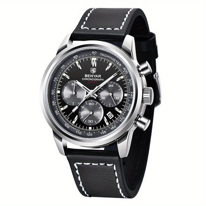 BENYAR Top Brand Men's Watches Sport For Men Multifunction Chronograph Black Fashion Quartz Wristwatches Calendar With Leather Strap
