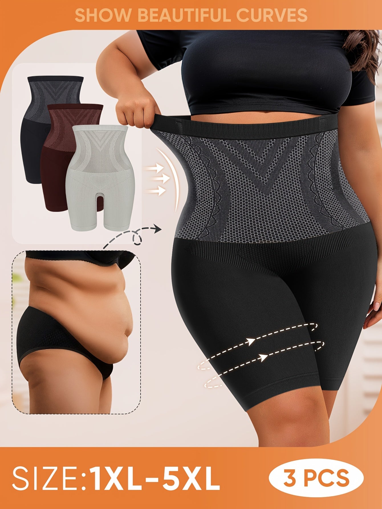 3pcs Women'S Plus Size Shapewear Leggings High Waist Body Shaper Tummy Control Seamless Solid Color No Padding Support
