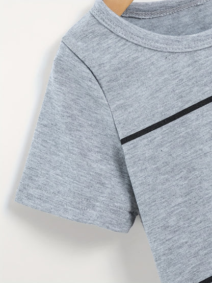 2pcs Set of Boys' Summer Striped Print Round Neck Short Sleeve T-shirt and Casual Shorts