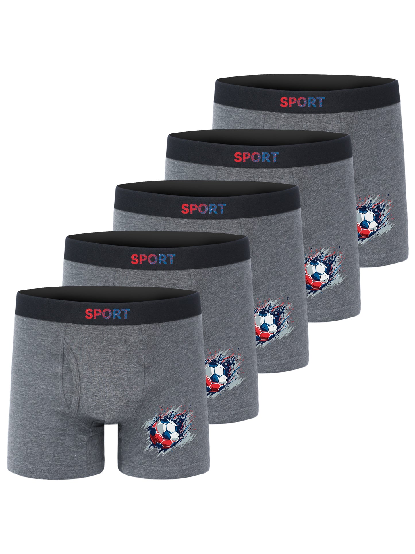 5pcs Football Print Boxer Briefs for Teen Boys - Breathable, Stretchy, Comfort Fit with Elastic Waistband & Half-Button Closure, Black with White & Red Soccer Design, Sports Underwear, Youth Athletic Wear, Sporty Boxers, Brea