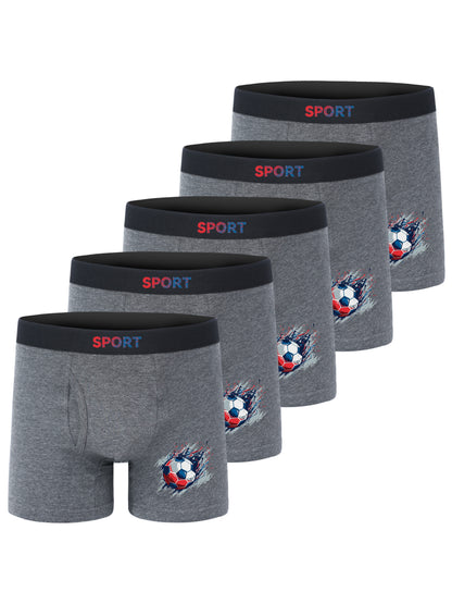 5pcs Football Print Boxer Briefs for Teen Boys - Breathable, Stretchy, Comfort Fit with Elastic Waistband & Half-Button Closure, Black with White & Red Soccer Design, Sports Underwear, Youth Athletic Wear, Sporty Boxers, Brea