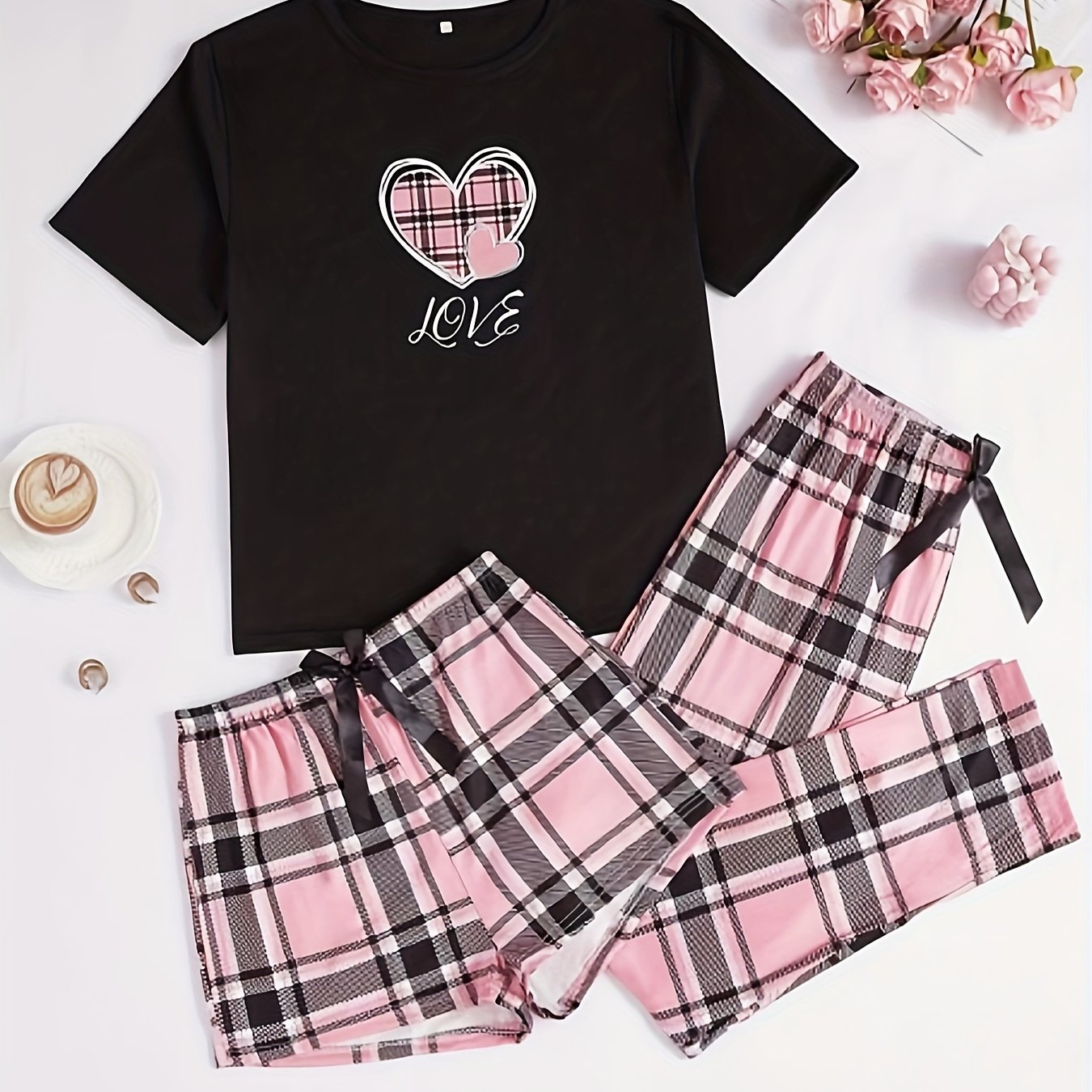 3-Piece Casual Women's Pink Heart Plaid Pajama Set with Round Neck and Plaid Pattern for Adults, Made of Polyester