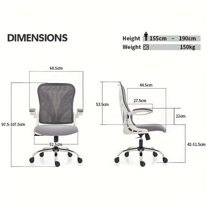 Ergonomic Office Chair with Foldable Space-Saving Design, Breathable Mesh Back &amp; Adjustable Lumbar Support, Flip-Up Armrests, Height-Adjustable - Heavy-Duty Plastic Frame, Foam Padding, White/Black Color Options - Ideal for H