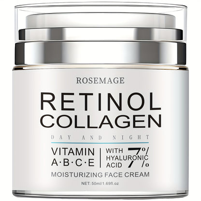 Retinol Collagen Cream, Intensive Moisturizing Firming Face Cream for Sensitive Light Beige, Day and Night Use, Enriched with Vitamins A, B, C, and E, Hyaluronic Acid to Brighten Complexion, Smooth and Radiant Finish, 50ml/1.